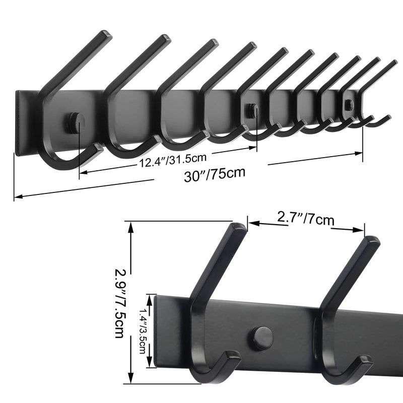 WEBI Coat Rack Wall Mounted,10 Hooks for Hanging Coats,30 Inch Hook Rack Hook Rail Coat Hanger Wall Mount for Backpack,Clothes,Jacket,Black,2 Packs - Image 2